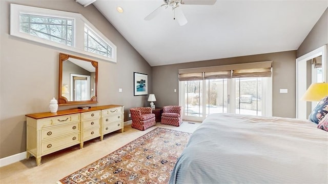 bedroom with access to outside, ceiling fan, lofted ceiling, and multiple windows