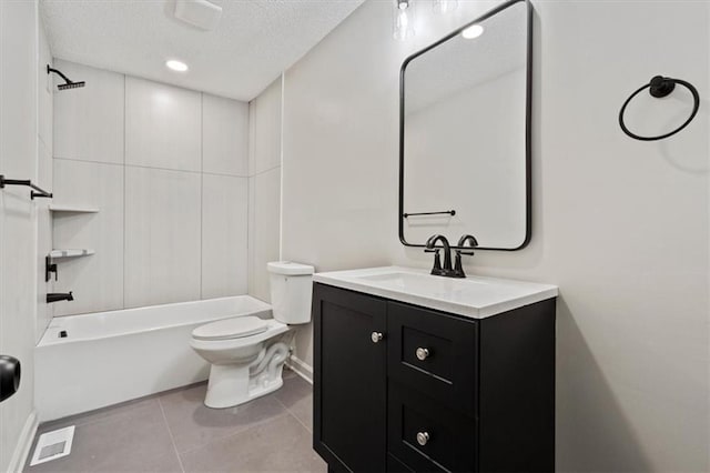 full bathroom featuring a textured ceiling, shower / bathing tub combination, tile patterned floors, vanity, and toilet