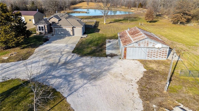 aerial view featuring a water view