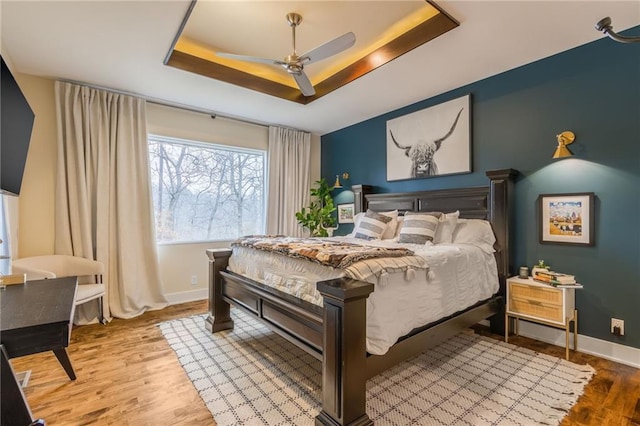 bedroom with hardwood / wood-style flooring, ceiling fan, and a tray ceiling