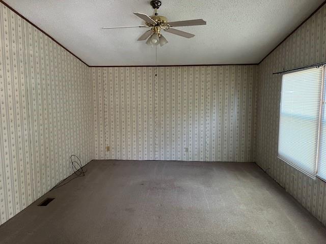 carpeted empty room with ceiling fan, lofted ceiling, and a textured ceiling