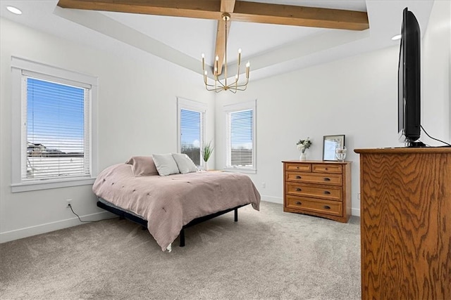 bedroom featuring light colored carpet, beamed ceiling, and an inviting chandelier