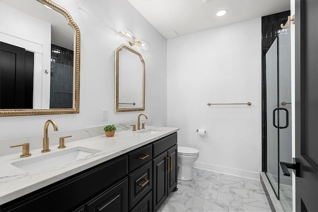 bathroom featuring toilet, walk in shower, and vanity