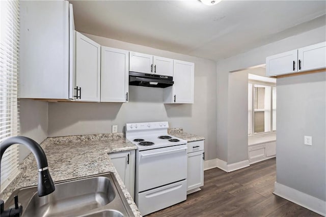 kitchen featuring white range with electric cooktop, dark hardwood / wood-style flooring, sink, and white cabinets