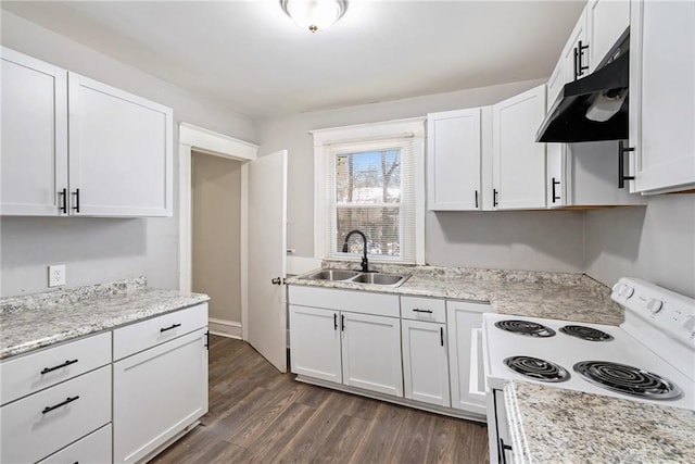 kitchen with white cabinetry, sink, dark hardwood / wood-style floors, and white electric range oven