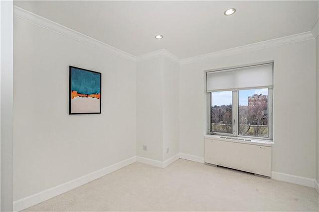 spare room featuring light carpet and crown molding