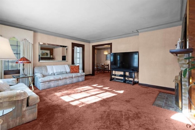 carpeted living room featuring ornamental molding