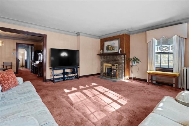 living room with carpet, a brick fireplace, and ornamental molding