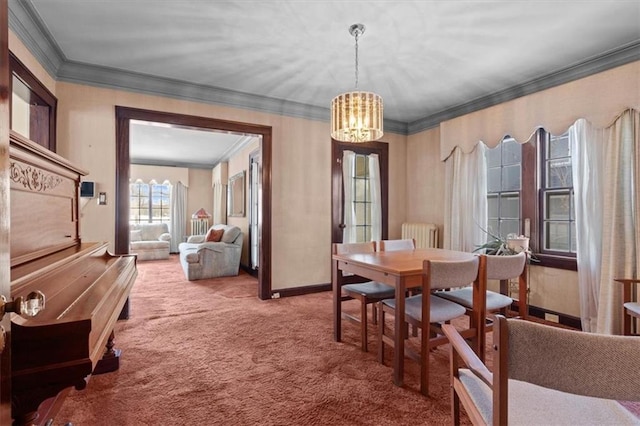 carpeted dining space with radiator, a notable chandelier, and ornamental molding