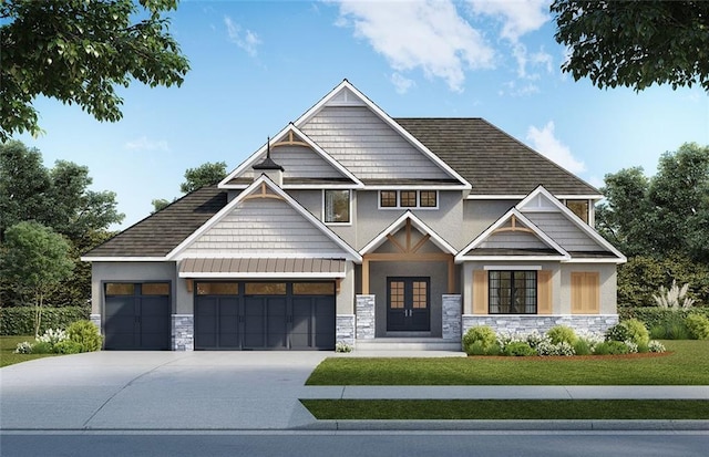 craftsman house with a garage, stone siding, concrete driveway, and stucco siding