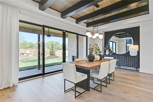 dining area with light wood-type flooring, an inviting chandelier, wooden ceiling, and beamed ceiling