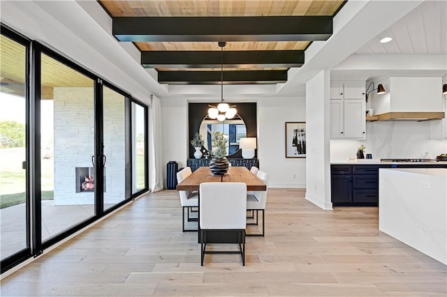 16920 Parkhill St, Overland Park, KS 66221 - dining area featuring light wood-type flooring, baseboards, wood ceiling with exposed beams, a chandelier, and recessed lighting