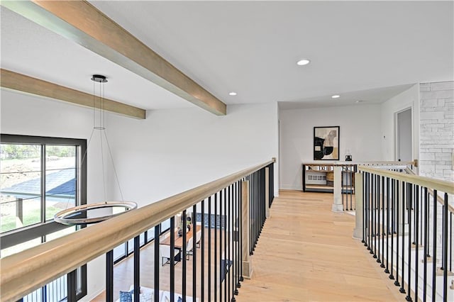 16920 Parkhill St, Overland Park, KS 66221 - corridor featuring light wood-style flooring, beam ceiling, recessed lighting, and an upstairs landing