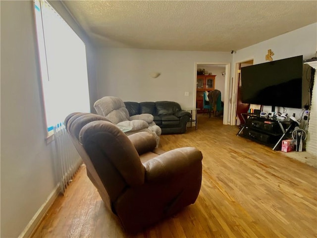 living room featuring light hardwood / wood-style flooring and a textured ceiling