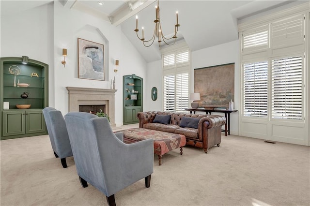 living room with an inviting chandelier, high vaulted ceiling, light carpet, and beamed ceiling