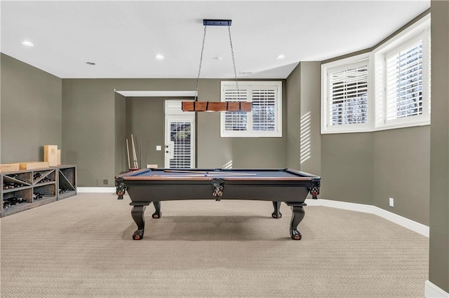 playroom with billiards and carpet floors