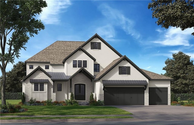 view of front of house featuring concrete driveway, a front yard, metal roof, a garage, and stone siding