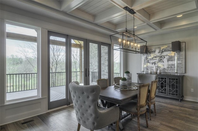 17028 Parkhill St, Overland Park, KS 66221 - dining area with coffered ceiling, a chandelier, wood finished floors, beam ceiling, and baseboards