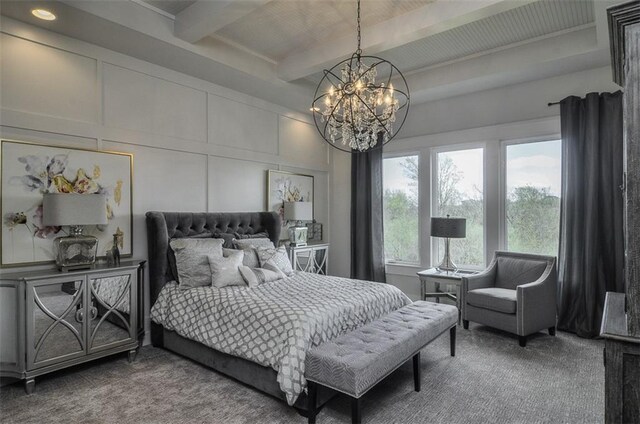 17028 Parkhill St, Overland Park, KS 66221 - carpeted bedroom with beamed ceiling, a chandelier, and a decorative wall