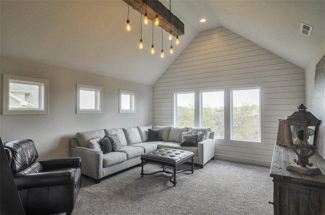17028 Parkhill St, Overland Park, KS 66221 - living room with wooden walls, carpet, and high vaulted ceiling