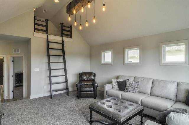 17028 Parkhill St, Overland Park, KS 66221 - carpeted living room with baseboards and high vaulted ceiling