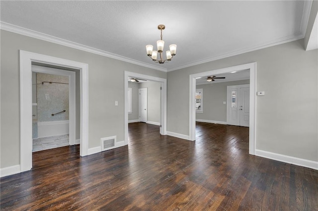 unfurnished dining area with ceiling fan with notable chandelier, ornamental molding, and dark wood-type flooring