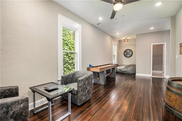 rec room featuring billiards, ceiling fan, and dark hardwood / wood-style flooring