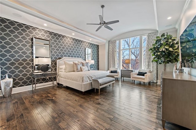 bedroom featuring vaulted ceiling, ceiling fan, crown molding, and dark hardwood / wood-style floors