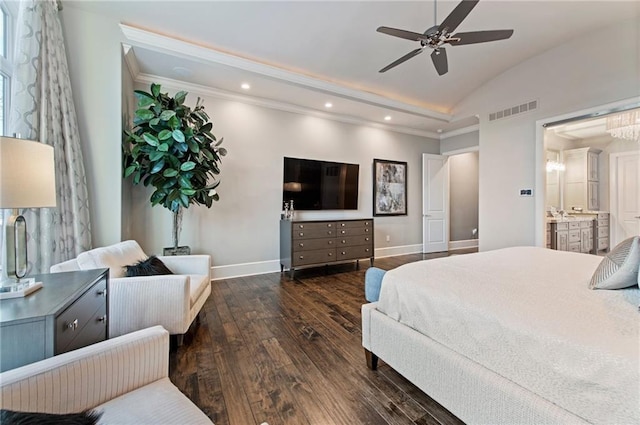 bedroom featuring connected bathroom, dark hardwood / wood-style flooring, vaulted ceiling, ceiling fan, and crown molding