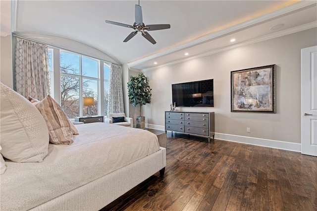 bedroom with ceiling fan, ornamental molding, and dark hardwood / wood-style floors