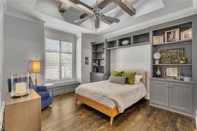 bedroom featuring ceiling fan, dark hardwood / wood-style flooring, beamed ceiling, and coffered ceiling