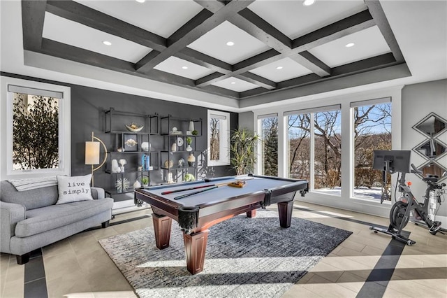 playroom featuring beamed ceiling, pool table, and coffered ceiling