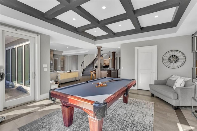 playroom featuring billiards, beam ceiling, coffered ceiling, light tile patterned floors, and ornate columns