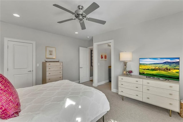 carpeted bedroom featuring ceiling fan