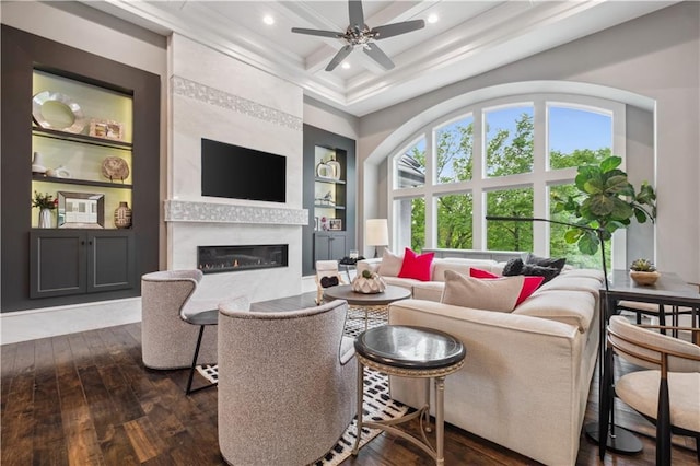 6069 Southlake Dr, Parkville, MO 64152 - living room with built in features, coffered ceiling, a ceiling fan, hardwood / wood-style flooring, and a fireplace