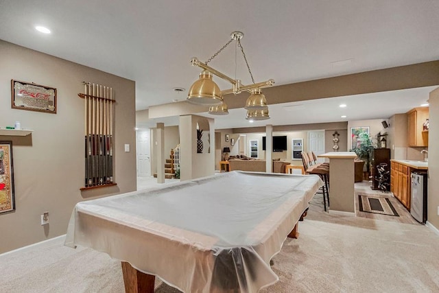 playroom featuring beverage cooler, billiards, and light carpet