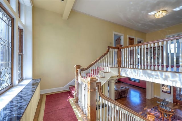 stairs featuring beamed ceiling, hardwood / wood-style flooring, and a wealth of natural light