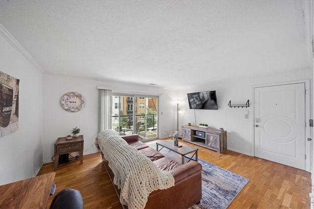 living room featuring ornamental molding and hardwood / wood-style flooring