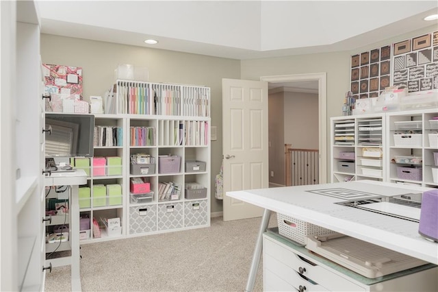 interior space featuring light carpet