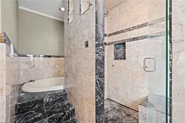 bathroom featuring independent shower and bath, crown molding, and tile walls