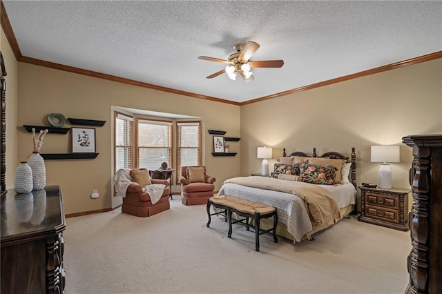 bedroom with ceiling fan, light colored carpet, ornamental molding, and a textured ceiling