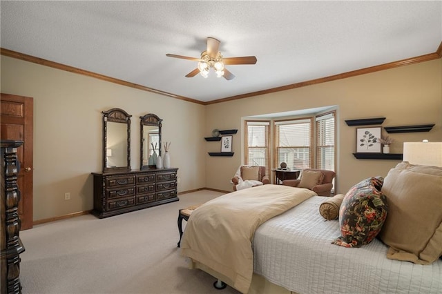 bedroom featuring light carpet, ornamental molding, and ceiling fan