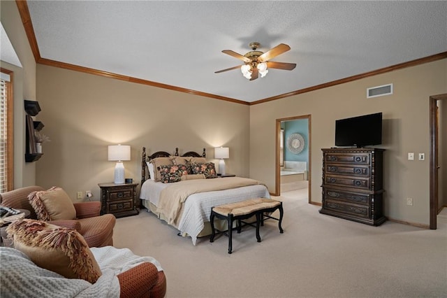 bedroom featuring light carpet, ornamental molding, and ceiling fan