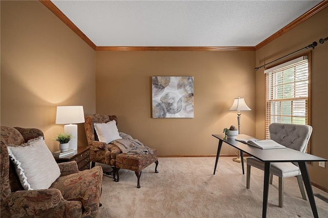 home office with crown molding and light colored carpet