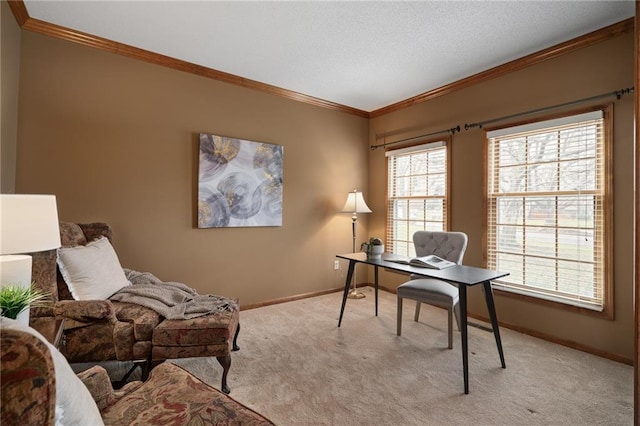 office area with light colored carpet and ornamental molding