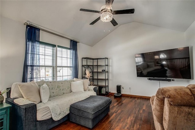 living room with ceiling fan, dark hardwood / wood-style floors, and vaulted ceiling