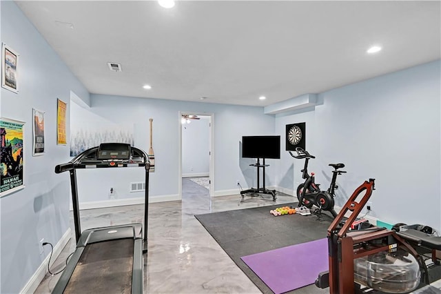 workout room featuring ceiling fan