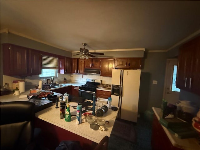 kitchen with sink, tasteful backsplash, stainless steel range with gas stovetop, white fridge with ice dispenser, and ceiling fan