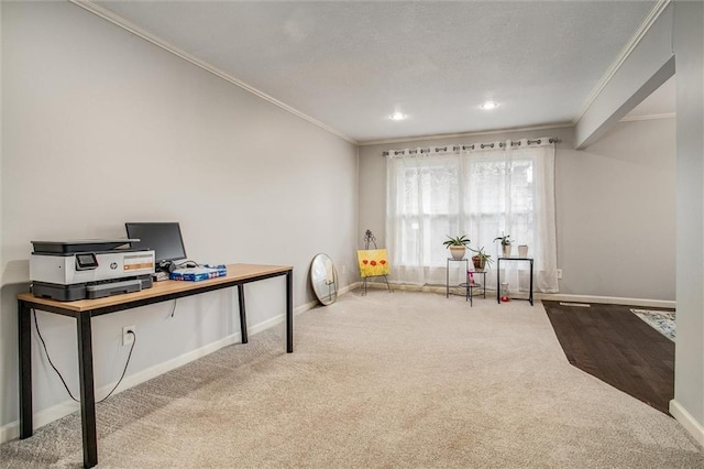 carpeted home office with recessed lighting, a textured ceiling, crown molding, and baseboards