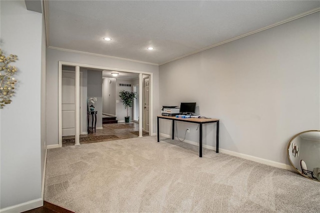 office area with carpet, baseboards, recessed lighting, ornamental molding, and a textured ceiling